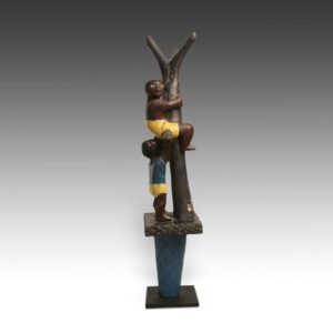 Ashanti Linguist's Staff Top Showing Two Men, One Climbing Tree with One Pushing