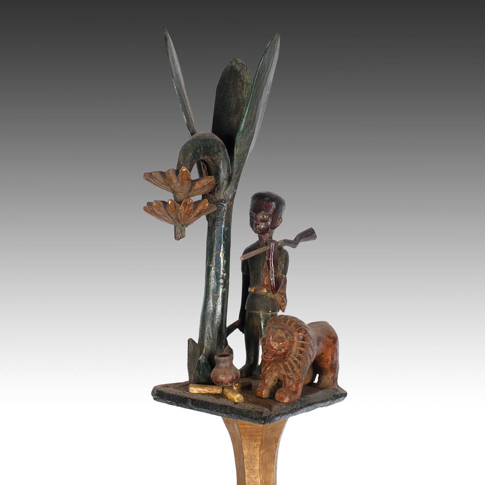 Ashanti Linguist's Staff Depicting Hunter with Lion Under Tree, Based