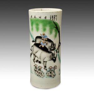 Chinese Vase Depicting Two Yaks on Mountain