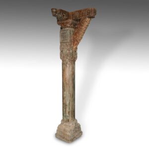 Indian Carved Pillar with "Tree of Life" Motif: Cross Top Cantilevered Capitol and Stone Base