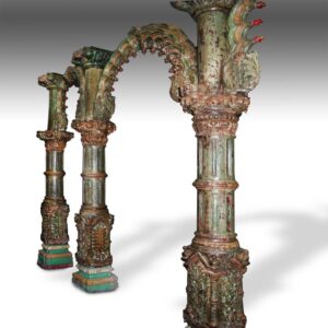 Indian Three Section Carved Poli-Chrome Archway: Fluted Carved Capitols & Bases