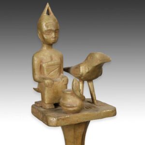 Ashanti Linguist's Staff Depicting Seated Figure with Bird, Serpent & Pot