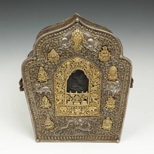 Tibetan Gao or Prayer Box with Ashtamangala Motif & Clay Deity
