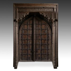 Indian Framed Double Door with Metal Straps and Carved Arched Canopy