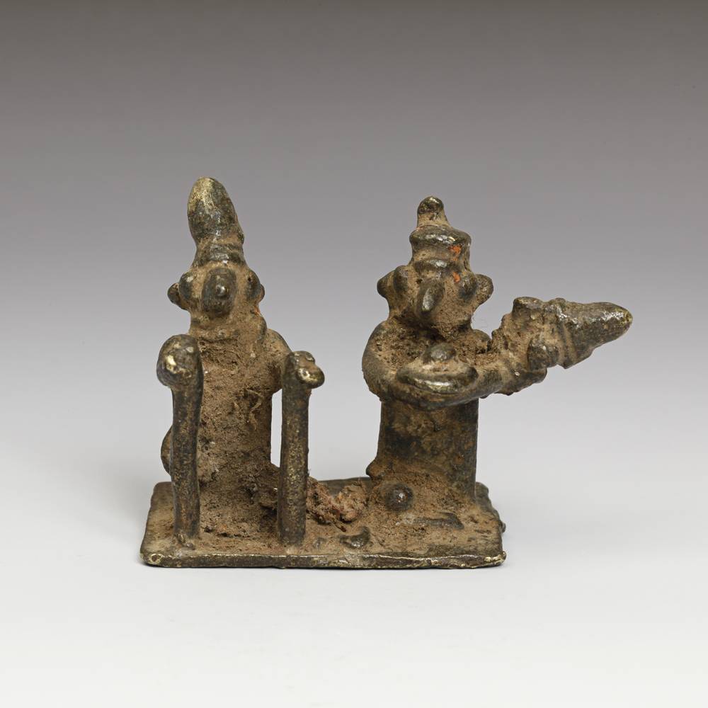 Indian Folk Pilgrimage Figure of Begging Shiva with Double Headed Figure