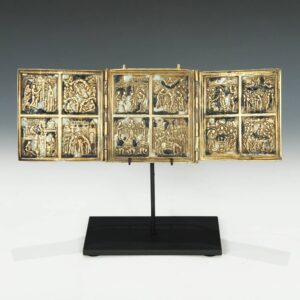 Russian 3 Leaf Icon Depicting Church Feasts, Bible Story, Based