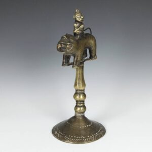 Indian Oil Lamp with Man Astride a Feline