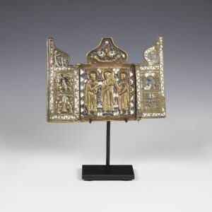 Russian Triptych Traveling Icon Depicting Multiple Religious Events Surrounding the Holy Trinity