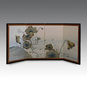 Chinese Four Panel Silk Screen Depicting Lotus Pond and Cranes