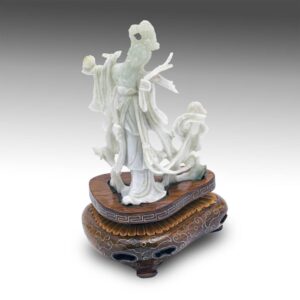 Chinese Carved White Jade Quan Yin Figure on Silver Incised Wood Base