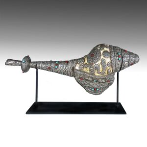 Tibetan Shell Trumpet: Silver with Semi-Precious Stones Featuring 8 Auspicious Symbols, Based