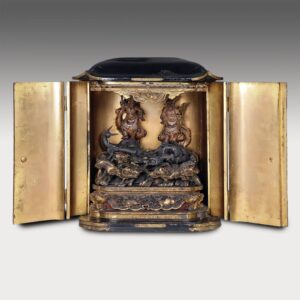 Japanese Boxed Zushi Shrine with Two Deities Riding Dragon