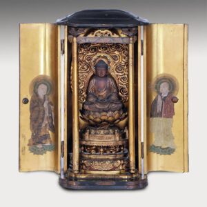 Japanese Boxed Shrine Showing Seated Buddha on Lotus with Painted Attendants on Doors