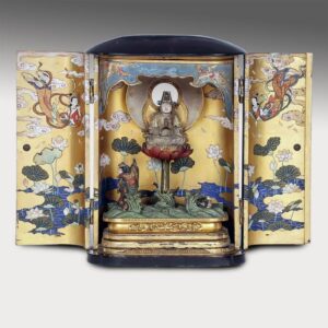 Japanese Zushi Shrine with JUNTEI KANNON Seated on Lotus with Attendant