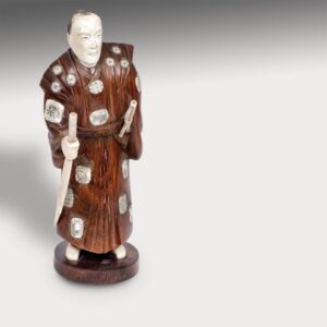 Japanese Carved Okimono Figure with Wood Robe with Flowers: Male