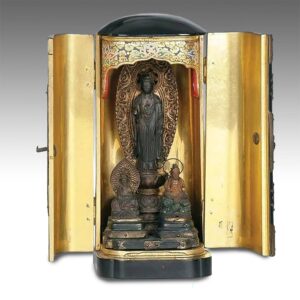 Japanese Zhushi Shrine with Standing Buddha on Lotus Base with Buddha Attendants