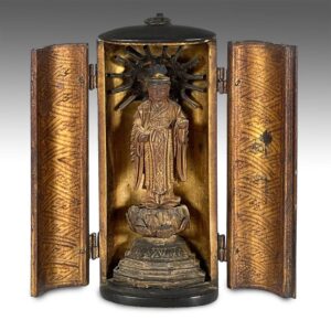 Japanese Miniature Boxed Zhushi Shrine with Standing Buddha