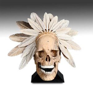 French American Indian Skull with Feather Headdress on Plinth Base