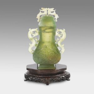 Chinese Lidded Vase with Dragon Handles on Wood Stand