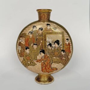 Japanese Satsuma Moon Flasque Vase Adorned with Samurai & Courtesans