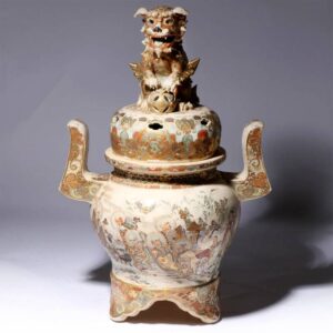 Japanese Monumental Satsuma Censer with Foo Dog Lid and Exceptional Painting