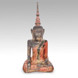 Burmese Wood Seated Buddha: Sukhothai Style Depicting Bhumisparsha Mudra