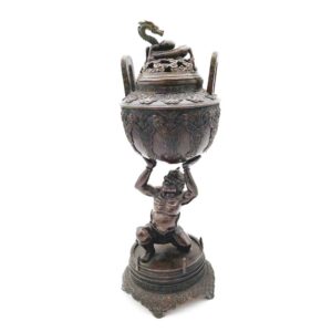 Japanese Lidded Censer Depicting Demon Oni Holding Top Burner on Floral Base