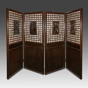 Chinese Four Panel Lattice Screen Set: Oyster Shell Inserts with Animal Motifs
