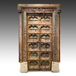 Indian Framed Double Door with Ganesh Motif & Two Stone Bases