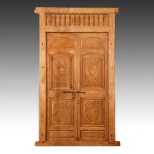 Indian Framed Double Door with Crossed Swords Motif & Iron Transom