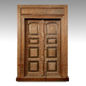 Indian Framed Double Door: Fully Carved Depicting Krishna with Eight Brass Panel Insets