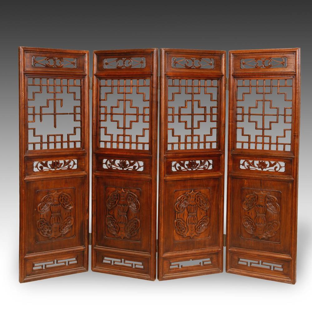 Chinese Four Panel Screen Set with Stylized Lattice