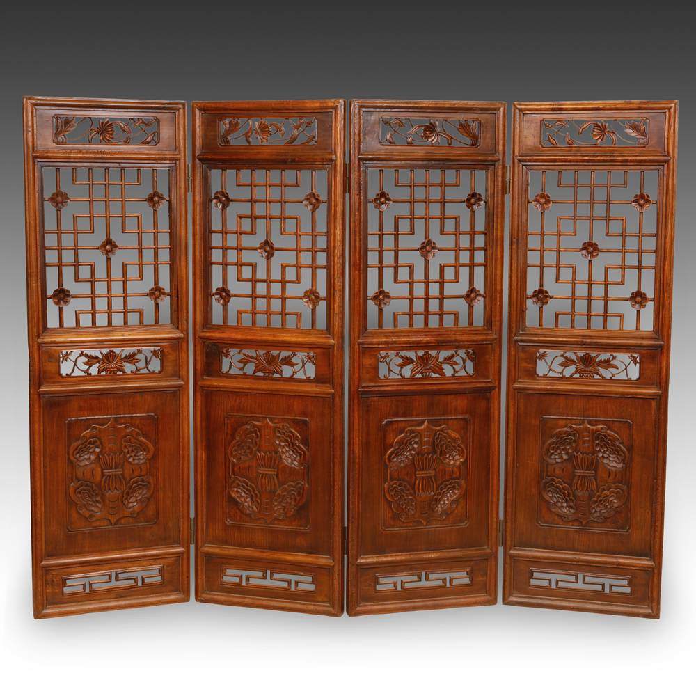 Chinese Four Panel Screen Set with Stylized Lattice