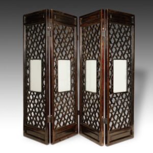 Chinese Four Panel Screen Set with Lattice Design & Opaque Glass Inserts