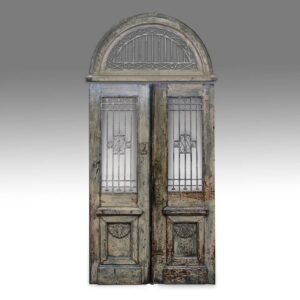 Chinese Double Doors with Iron Bars & Lunette Transom: Painted Both Sides