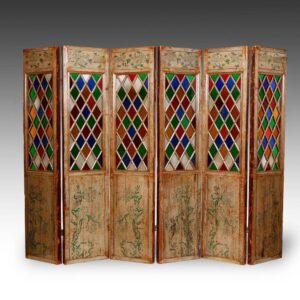 Chinese Six Panel Screen Set with Diamond Shaped Stained Glass