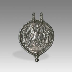 Indian Plaque Amulet Depicting Durga on Horse with Vishnu