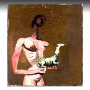 Oil Painting: Female Nude; Signed, Titled, Dated & Inscribed Inverso 'Ol Auf Leinwand Halbakt Mit Kleinem Hund Heidacker