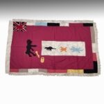 Fante Frankaa or Asafo Military Flag: Black Man, Key & Lock with Dinosaur, Frog & Lizard in White Rectangle, Fante Peoples, Ghana