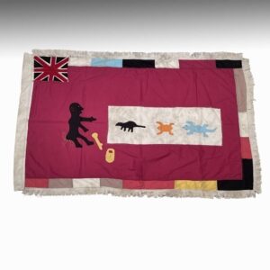 Fante Frankaa or Asafo Military Flag: Black Man, Key & Lock with Dinosaur, Frog & Lizard in White Rectangle