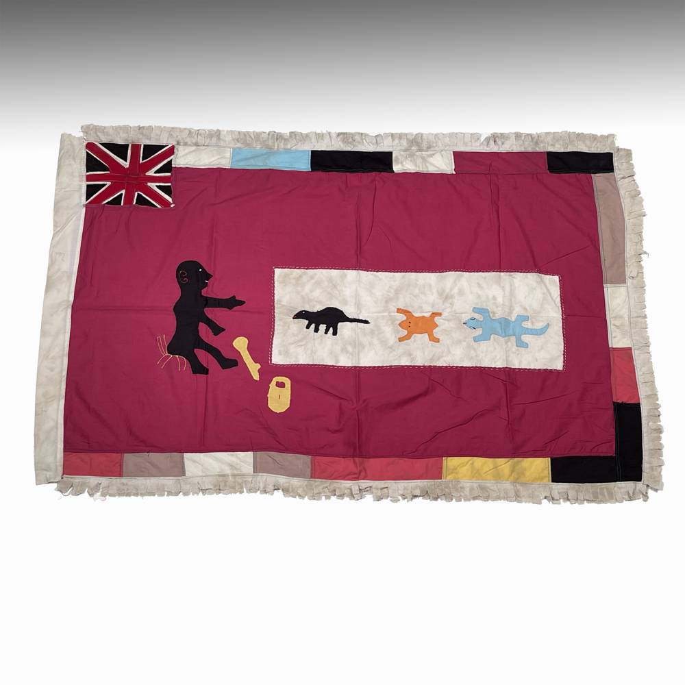 Fante Frankaa or Asafo Military Flag: Black Man, Key & Lock with Dinosaur, Frog & Lizard in White Rectangle