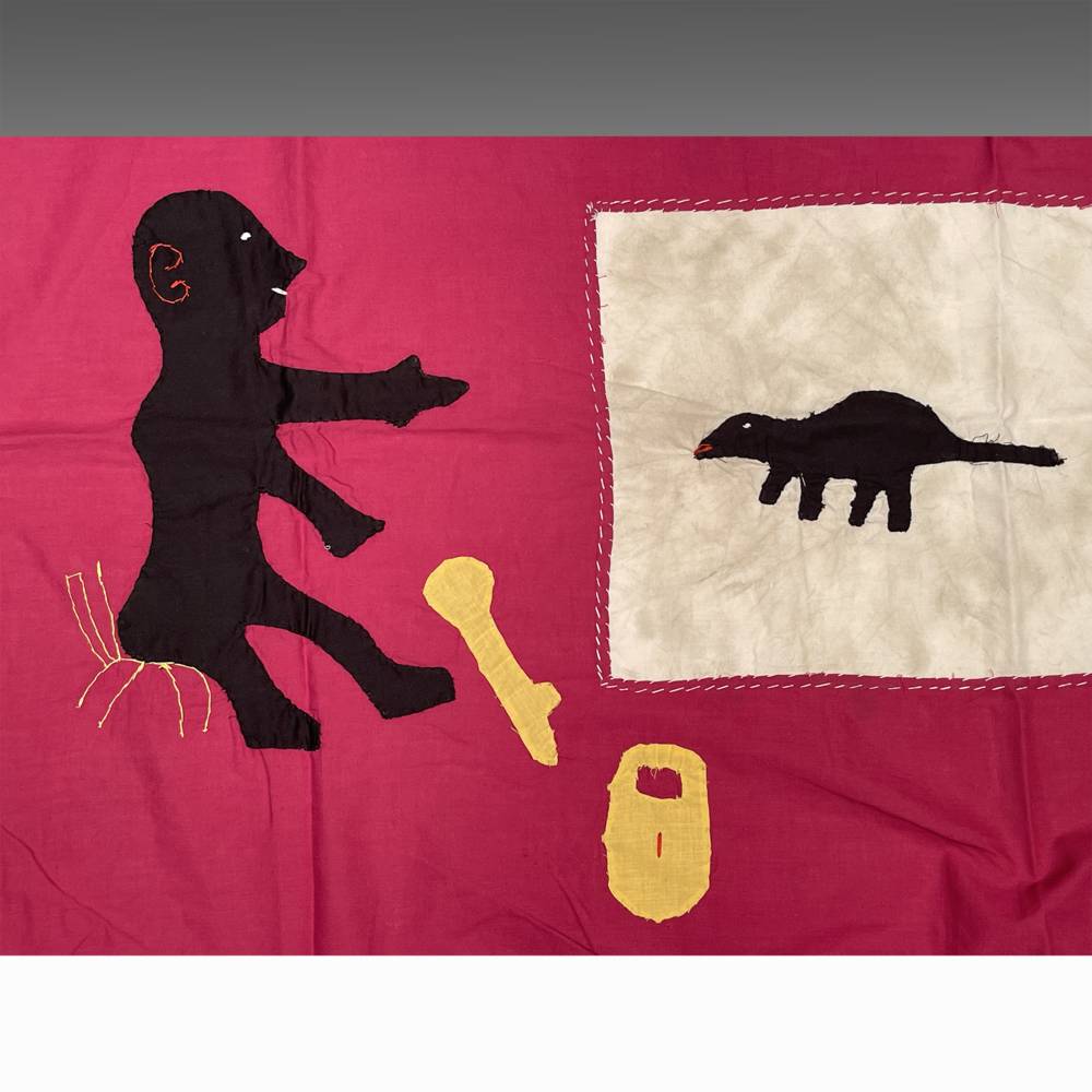 Fante Frankaa or Asafo Military Flag: Black Man, Key & Lock with Dinosaur, Frog & Lizard in White Rectangle - Image 2